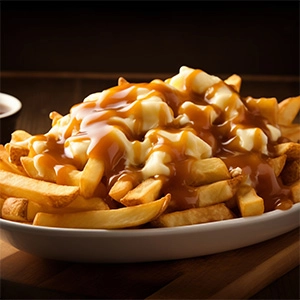 A large white bowl with crispy golden straight cut fries, topped with a melt of cheese curds and hot gravy.