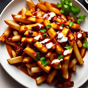 A bowl of fries topped with freshly beef and bean chili, sour cream, cilantro, and hot gravy.